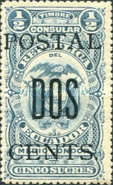 [Fiscal Stamps with "TIMBRE CONSULAR" Imprint Overprinted "POSTAL" and Surcharged, type EF]
