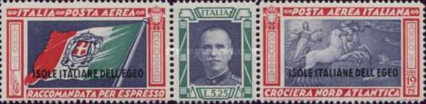 [Airmail - Squadron Flight Rome-Chicago. Italian Stamps No. 411-412 in Different Colors Overprinted "ISOLE ITALIANE DELL'EGEO", type AQ]