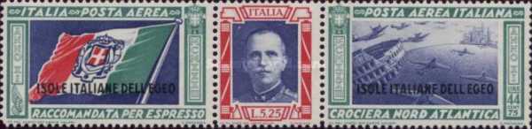 [Airmail - Squadron Flight Rome-Chicago. Italian Stamps No. 411-412 in Different Colors Overprinted "ISOLE ITALIANE DELL'EGEO", type AQ1]